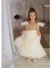 Ruffle Sleeves Gold Sequin Champagne Tulle Unique Flower Girl Dress